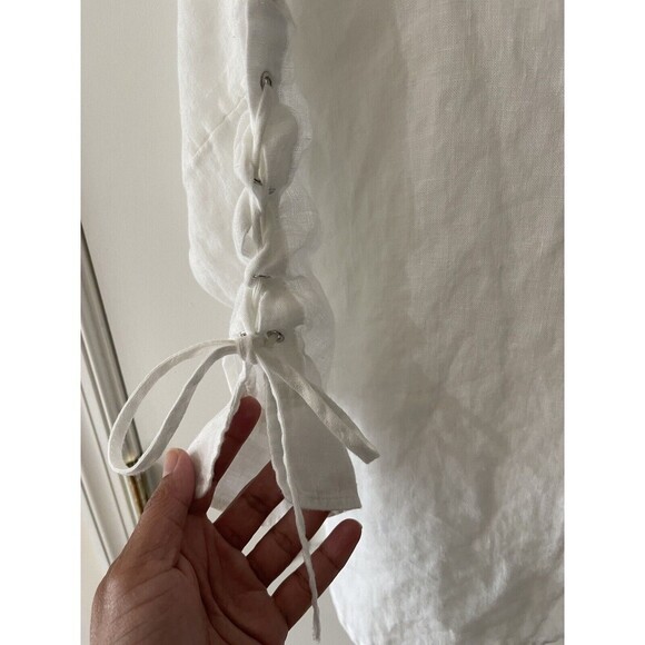 Nic & Zoe Women’s Small White Oversized Drawstring Sleeve 100% Linen Blouse - Picture 4 of 7